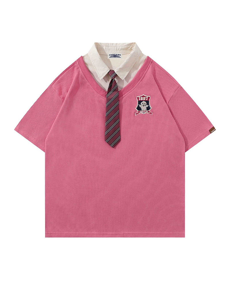 Retro stitching polo collar short sleeves