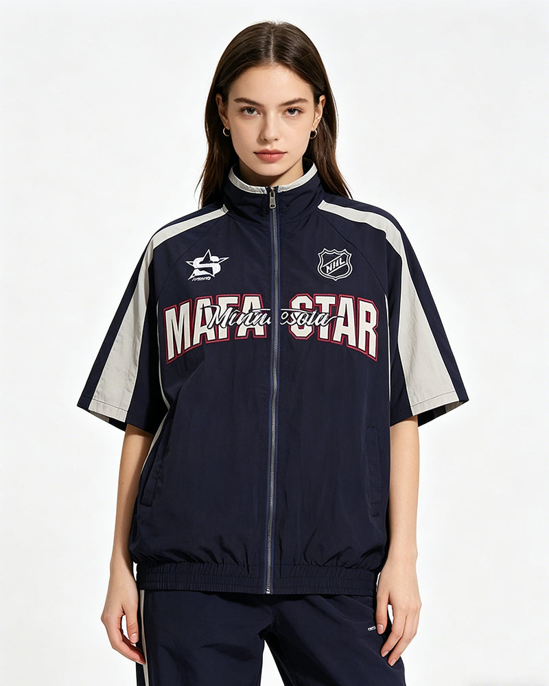 American retro patchwork sports short-sleeved jacket