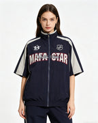 American retro patchwork sports short-sleeved jacket