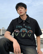 American washed distressed floral lapel short sleeves