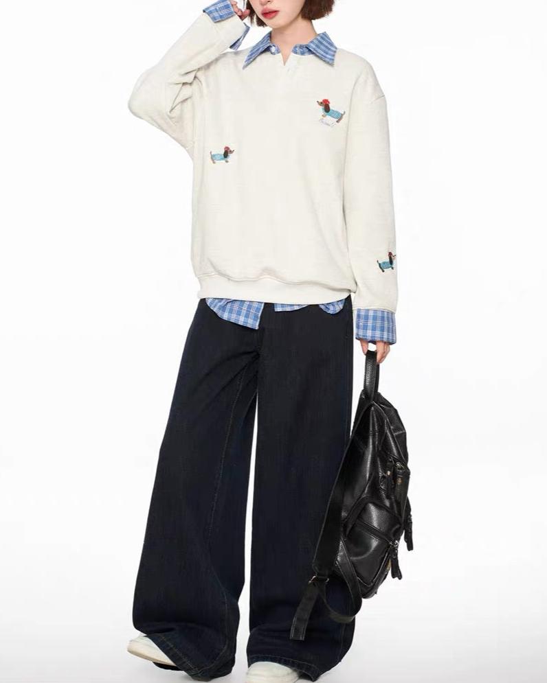 Spliced plaid fake two-piece polo sweatshirt