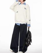 Spliced plaid fake two-piece polo sweatshirt