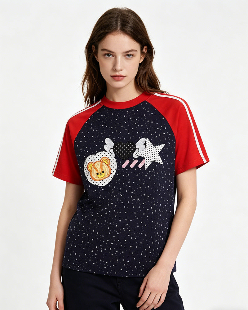 Bear-print color-blocked short-sleeved T-shirt (women's)