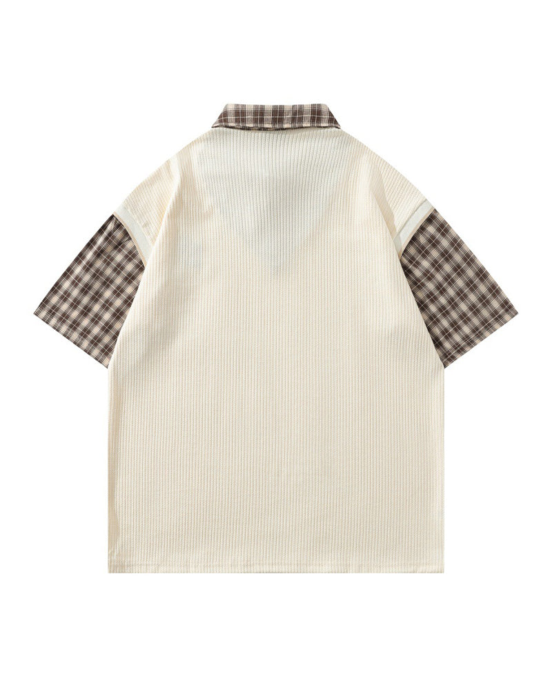 Faux two-piece spliced short-sleeved shirt