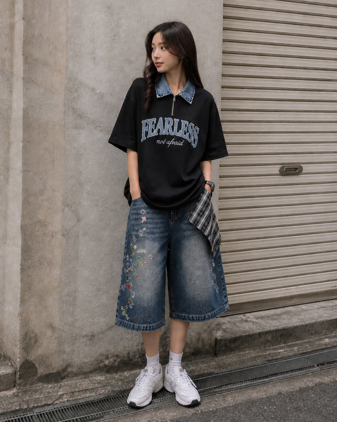 American retro lapel zipper short sleeves