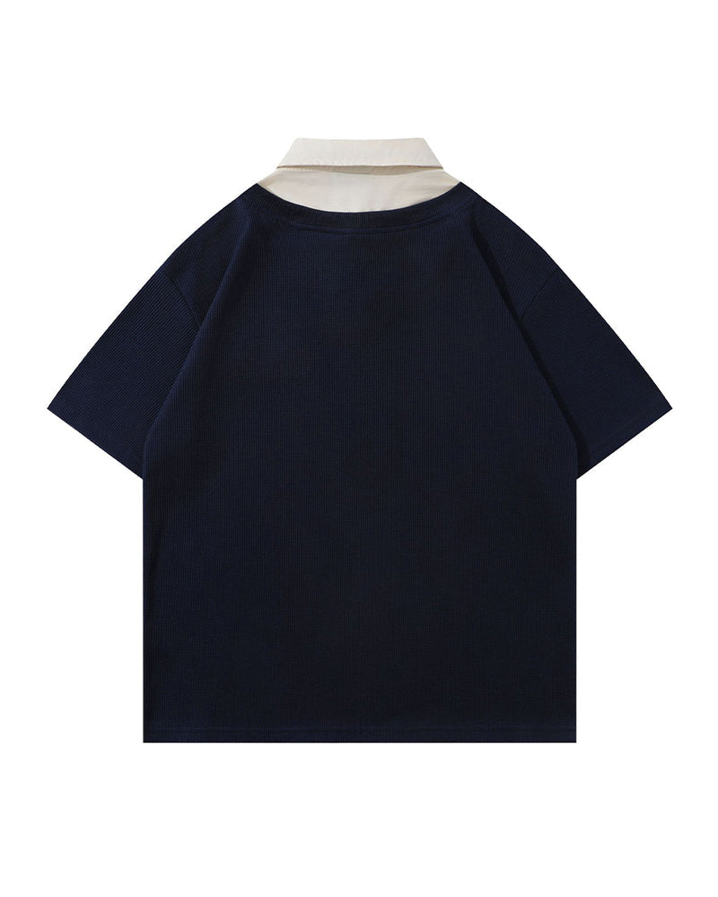 Retro stitching polo collar short sleeves