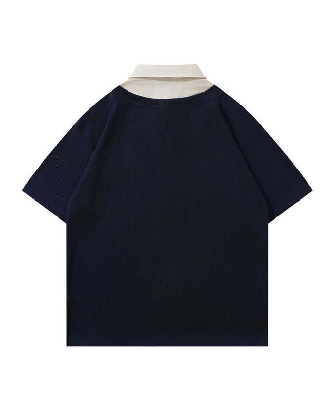 Retro stitching polo collar short sleeves Main Image