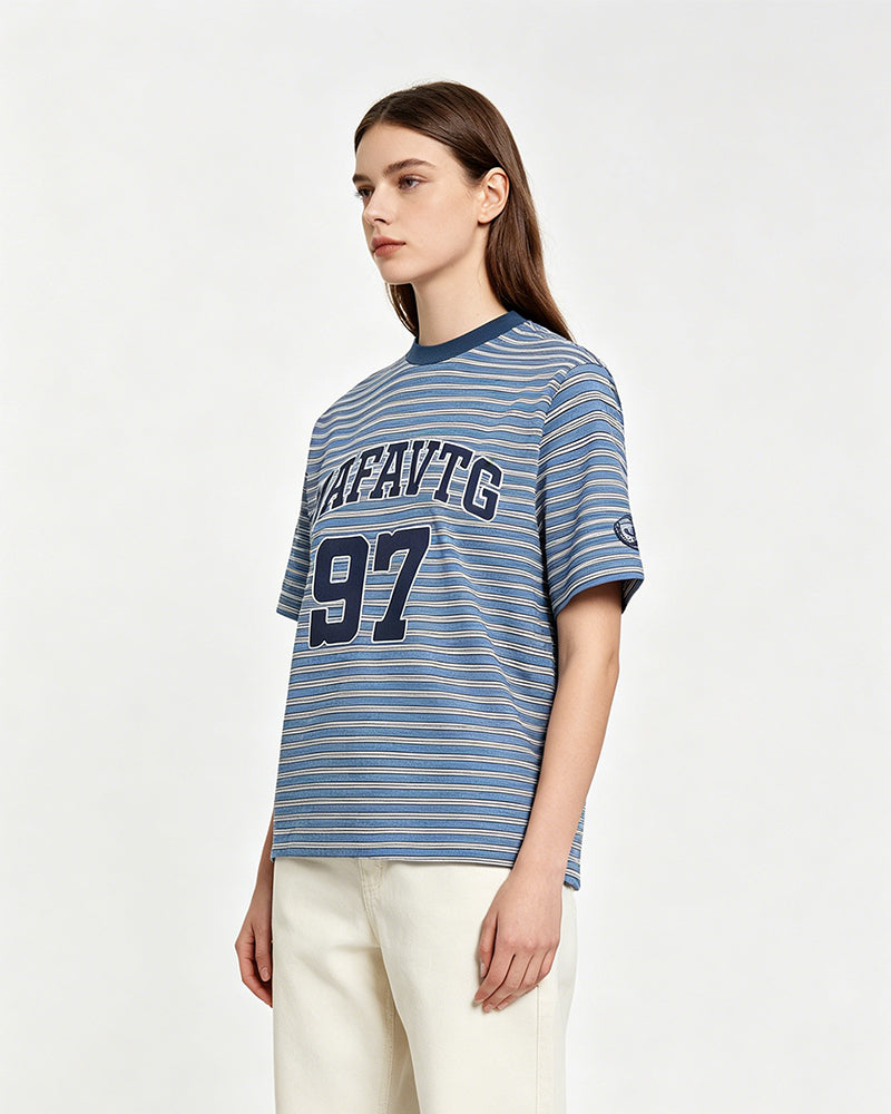Embroidered striped short-sleeved shirt