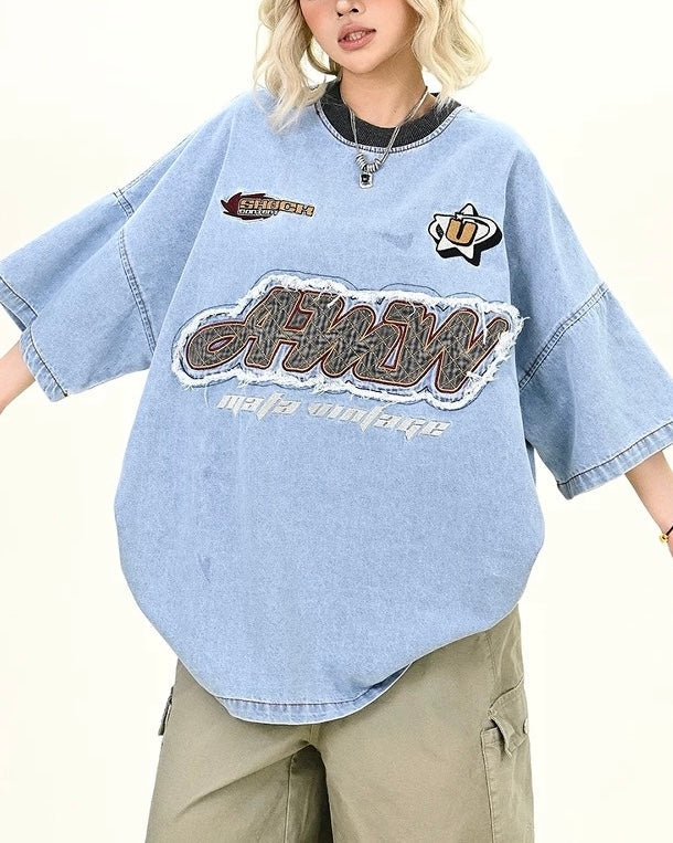 Contrast color denim short sleeves