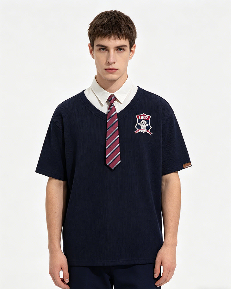 Retro stitching polo collar short sleeves