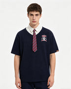 Retro stitching polo collar short sleeves