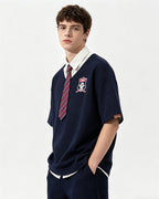 Retro stitching polo collar short sleeves