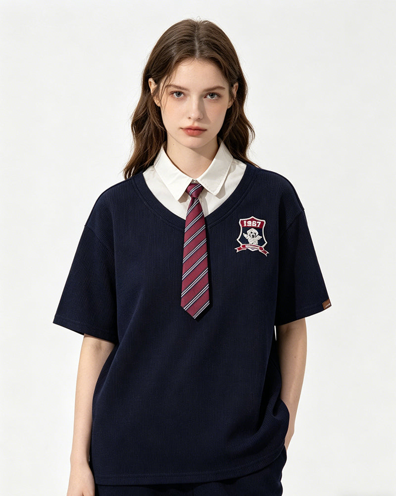 Retro stitching polo collar short sleeves