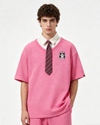 Retro stitching polo collar short sleeves