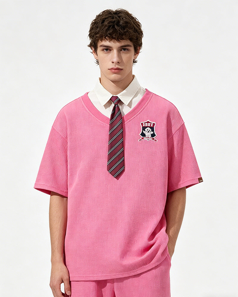 Retro stitching polo collar short sleeves