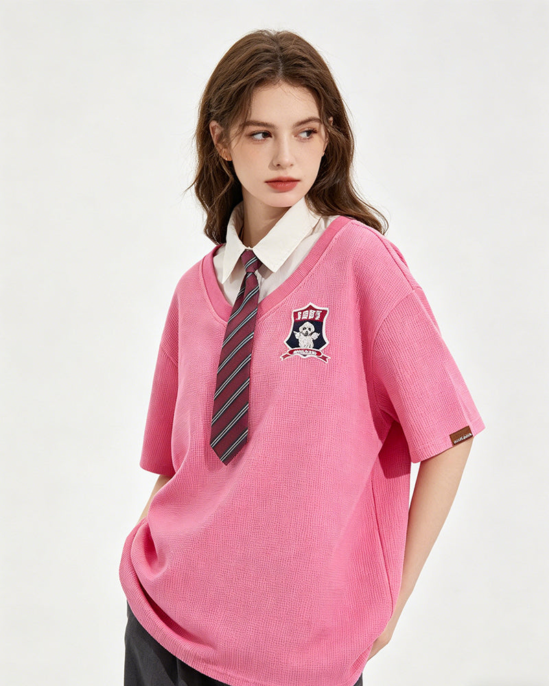 Retro stitching polo collar short sleeves