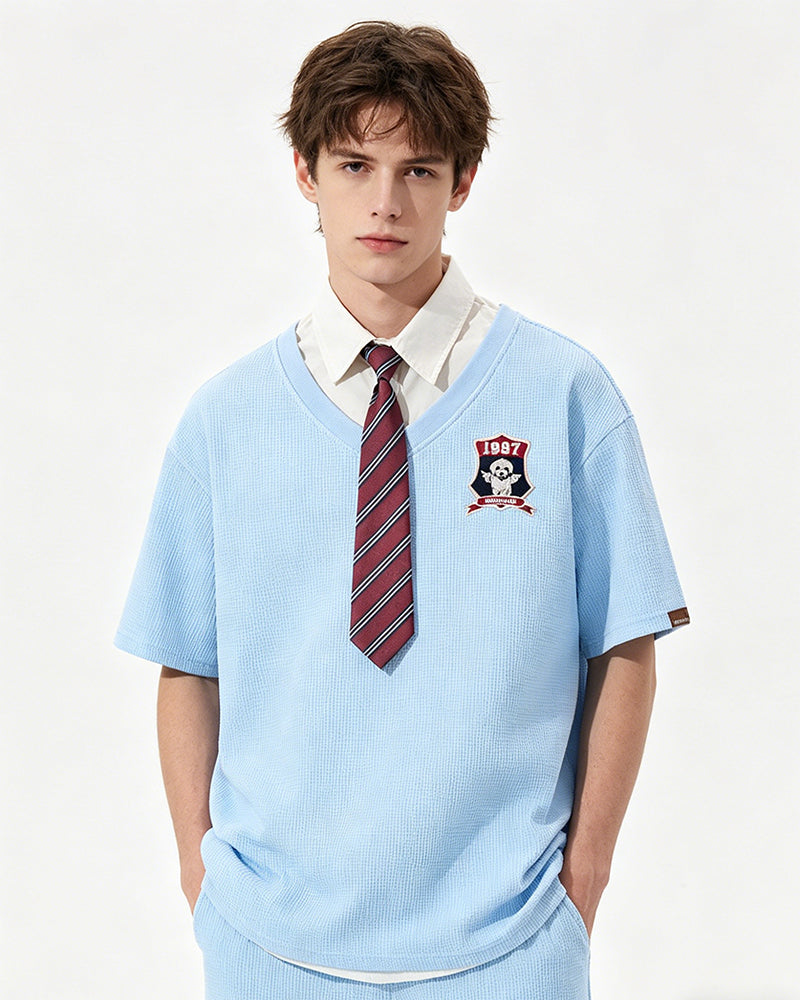 Retro stitching polo collar short sleeves
