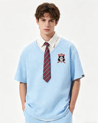 Retro stitching polo collar short sleeves