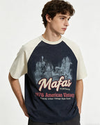 Distressed print color-blocked short-sleeved shirt