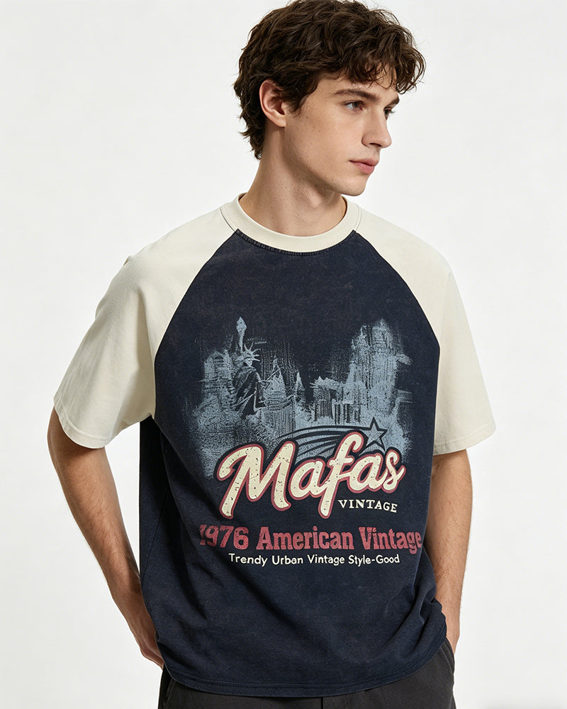Distressed print color-blocked short-sleeved shirt