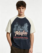 Distressed print color-blocked short-sleeved shirt