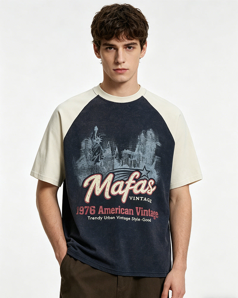 Distressed print color-blocked short-sleeved shirt