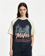 Distressed print color-blocked short-sleeved shirt