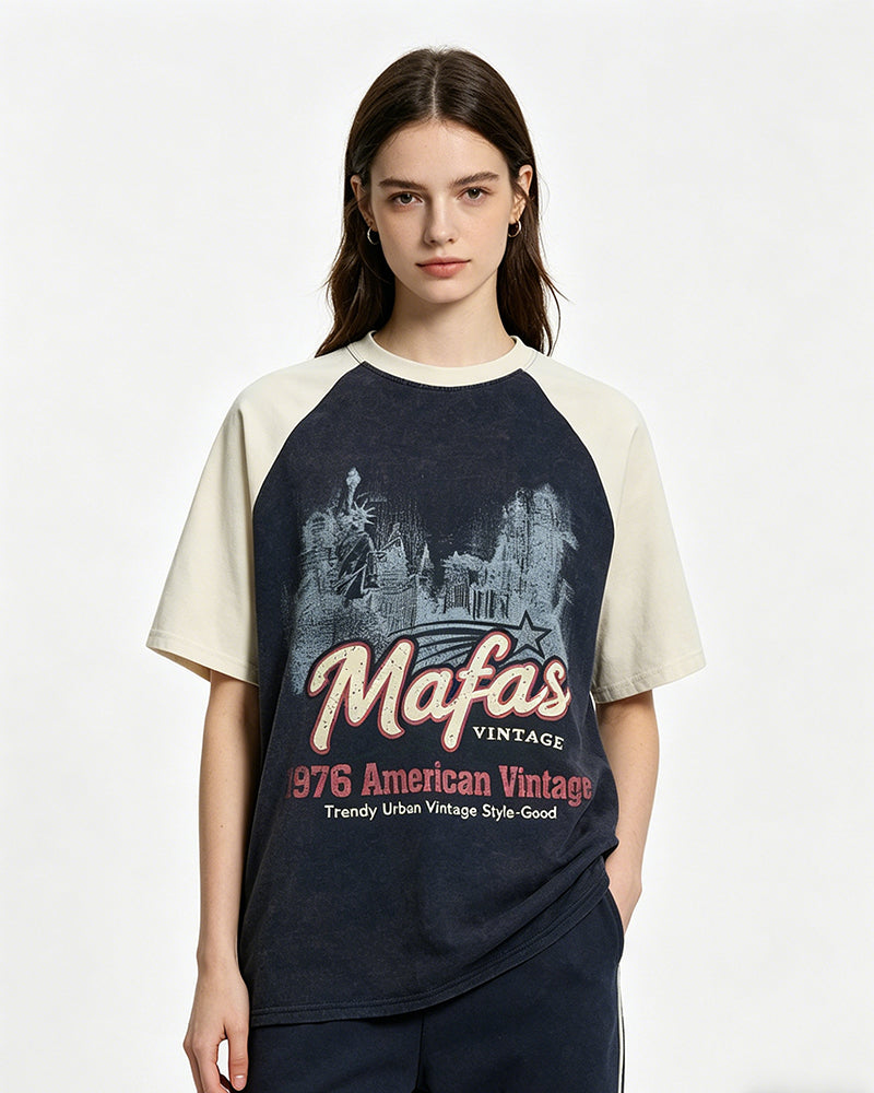 Distressed print color-blocked short-sleeved shirt