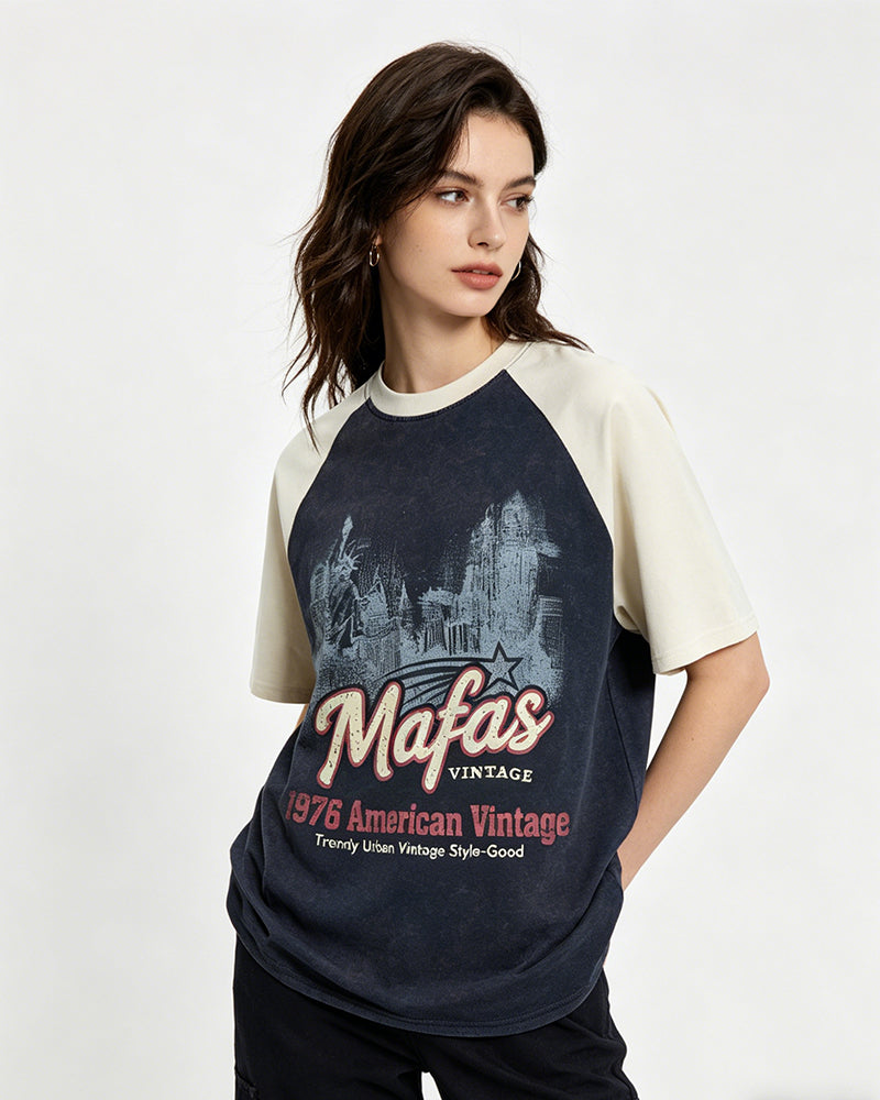 Distressed print color-blocked short-sleeved shirt