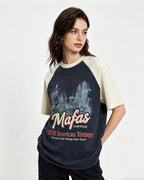 Distressed print color-blocked short-sleeved shirt