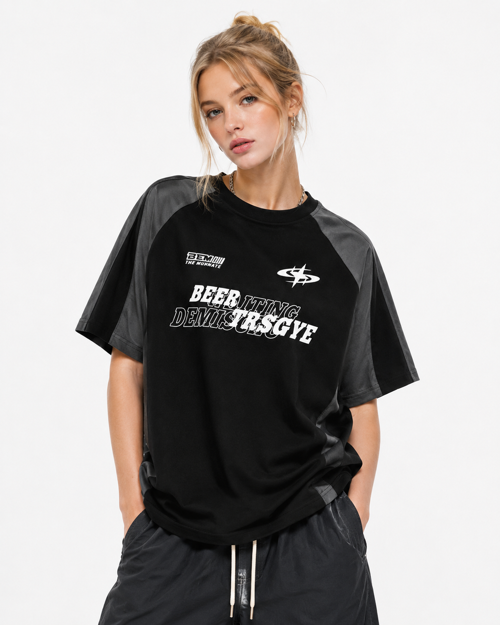 Retro stitching contrast color loose short sleeves