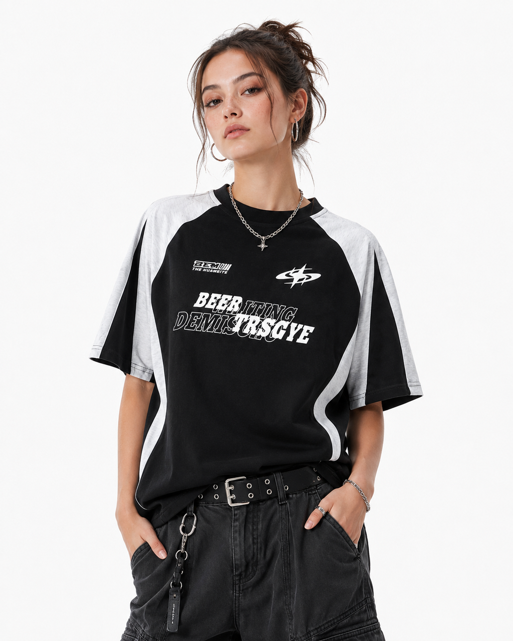 Retro stitching contrast color loose short sleeves