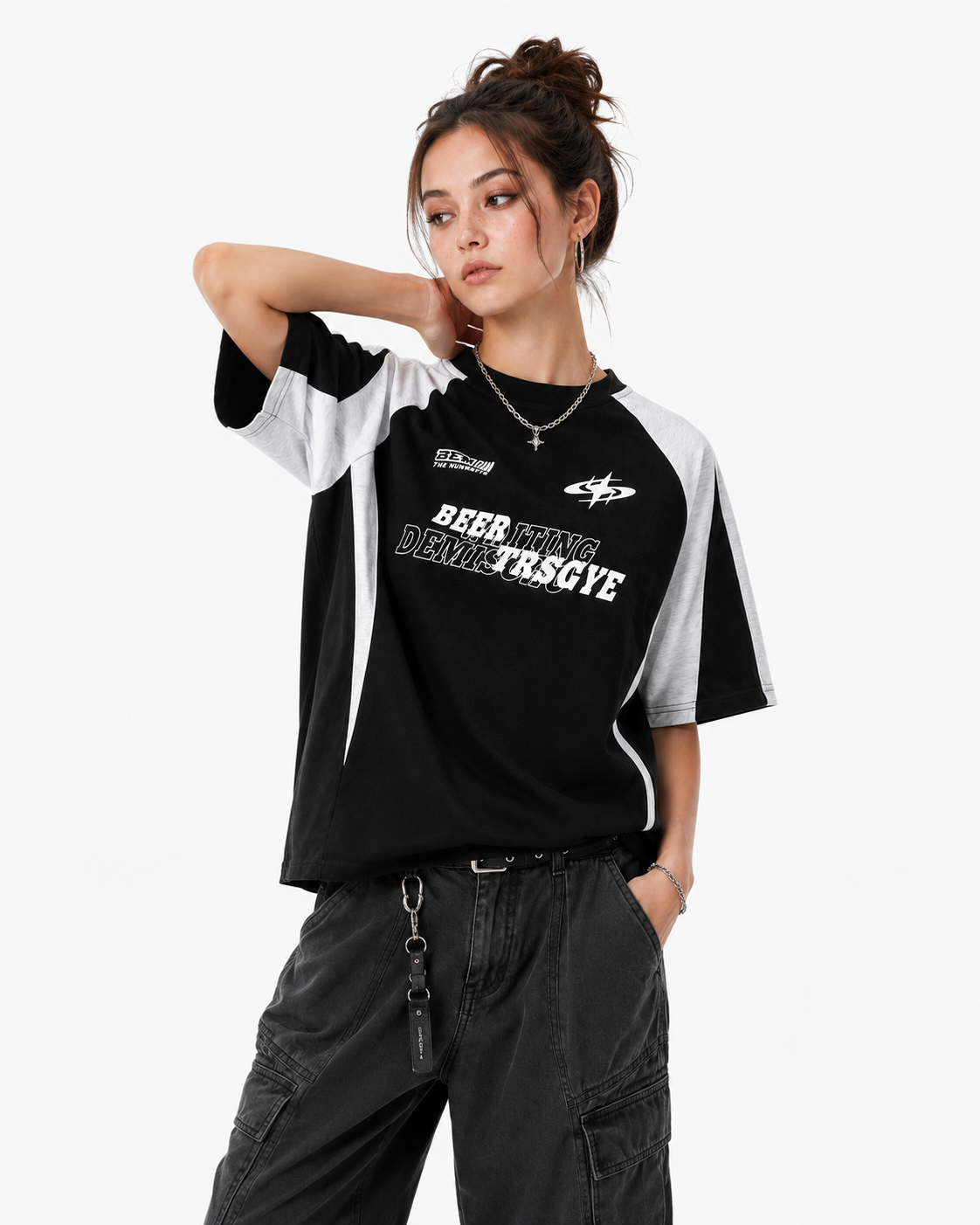 Retro stitching contrast color loose short sleeves
