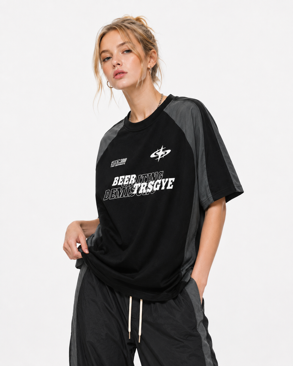 Retro stitching contrast color loose short sleeves