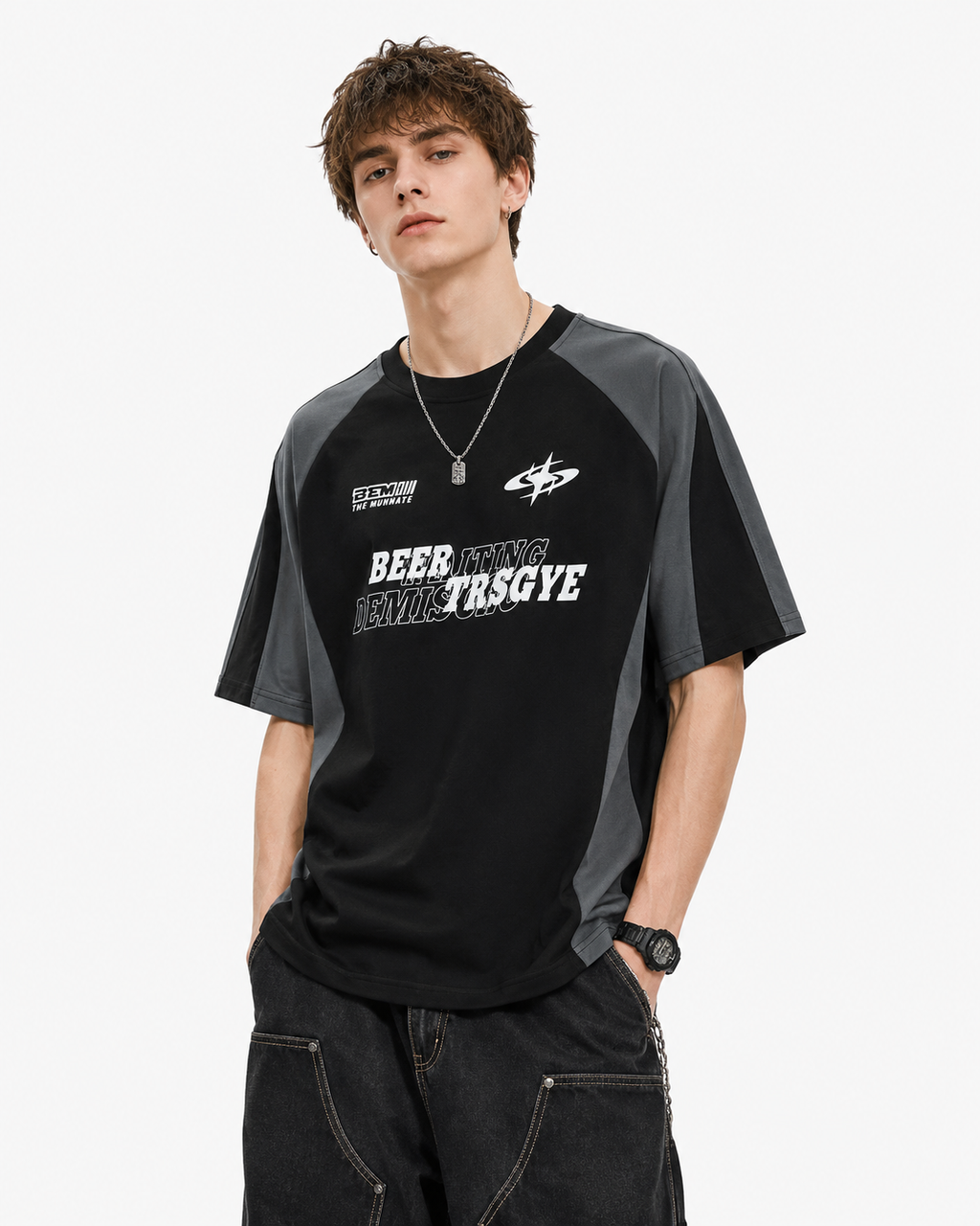 Retro stitching contrast color loose short sleeves