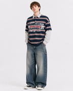 Color-blocked striped faux two-piece long-sleeved top
