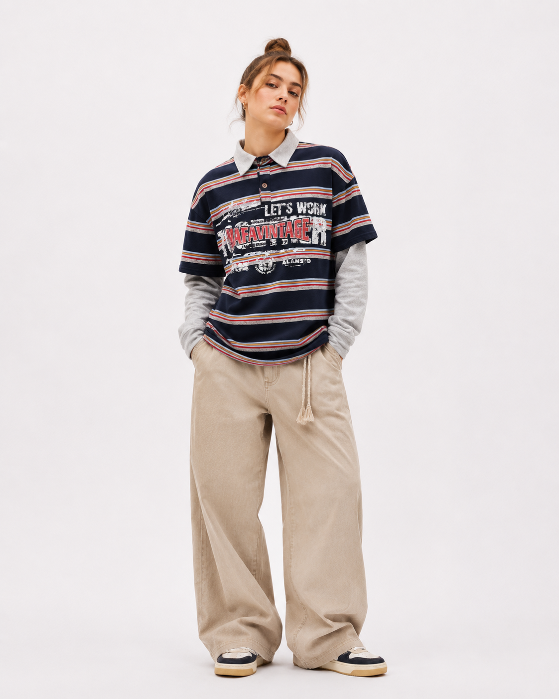 Color-blocked striped faux two-piece long-sleeved top