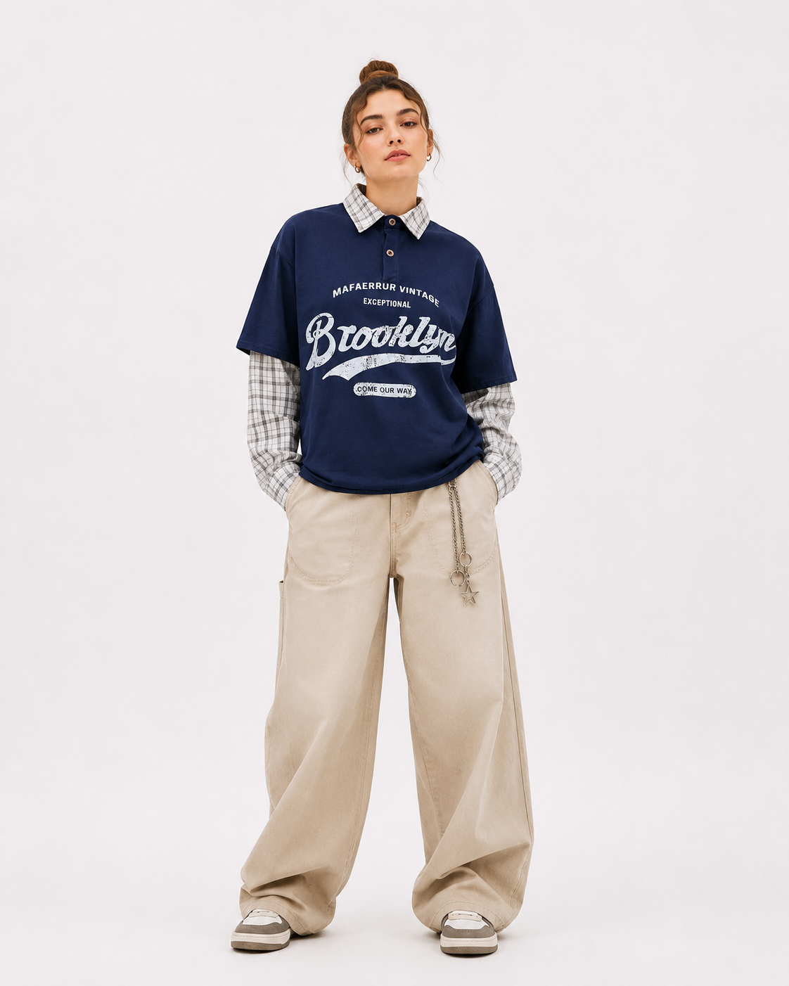 Faux two-piece loose casual long-sleeved