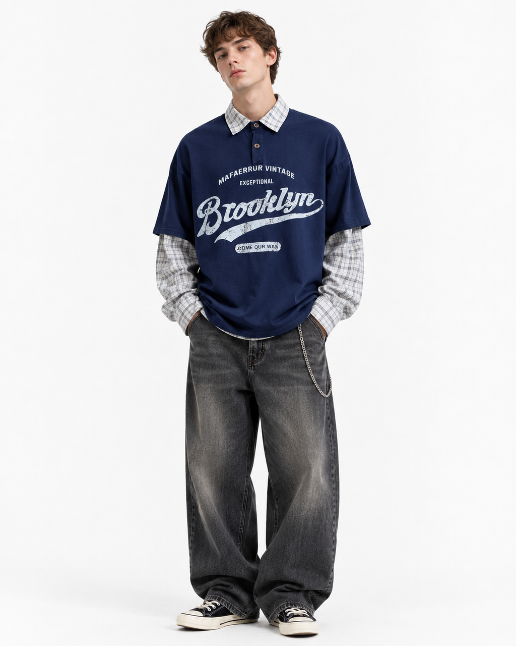 Faux two-piece loose casual long-sleeved
