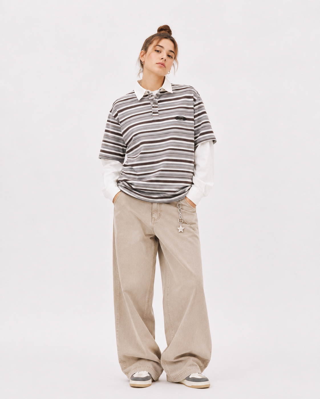 Retro-style faux two-piece polo long-sleeved shirt