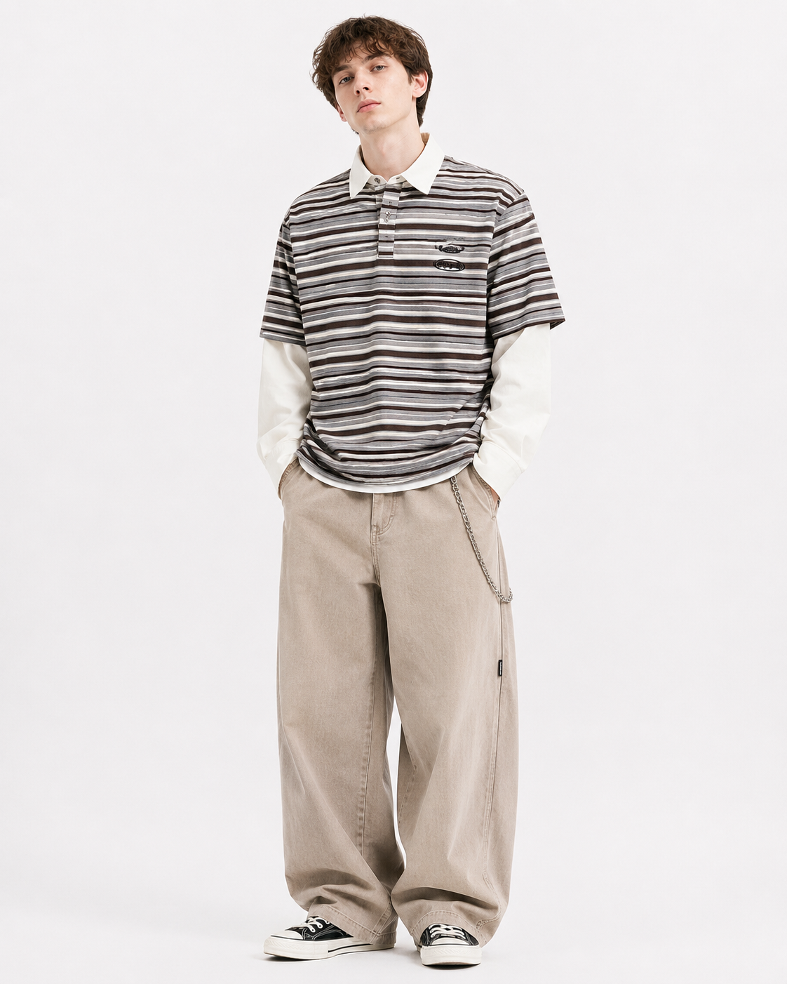 Retro-style faux two-piece polo long-sleeved shirt