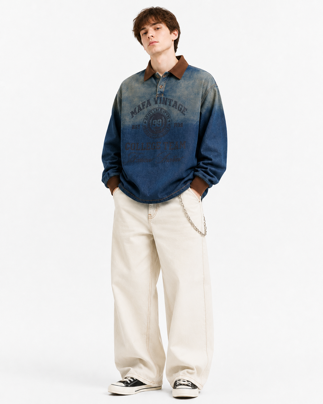 Distressed gradient denim long-sleeved shirt