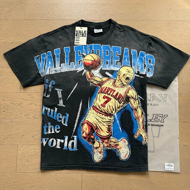 VALEFOREVER Black Washed Basketball Player Valley Dreams Vintage Graphic T-Shirt Hover Image