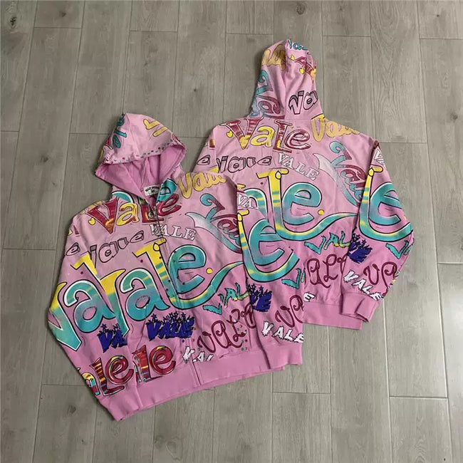 VALEFOREVER Pink All Over Graffiti Print Zip Up Hoodie Hover Image