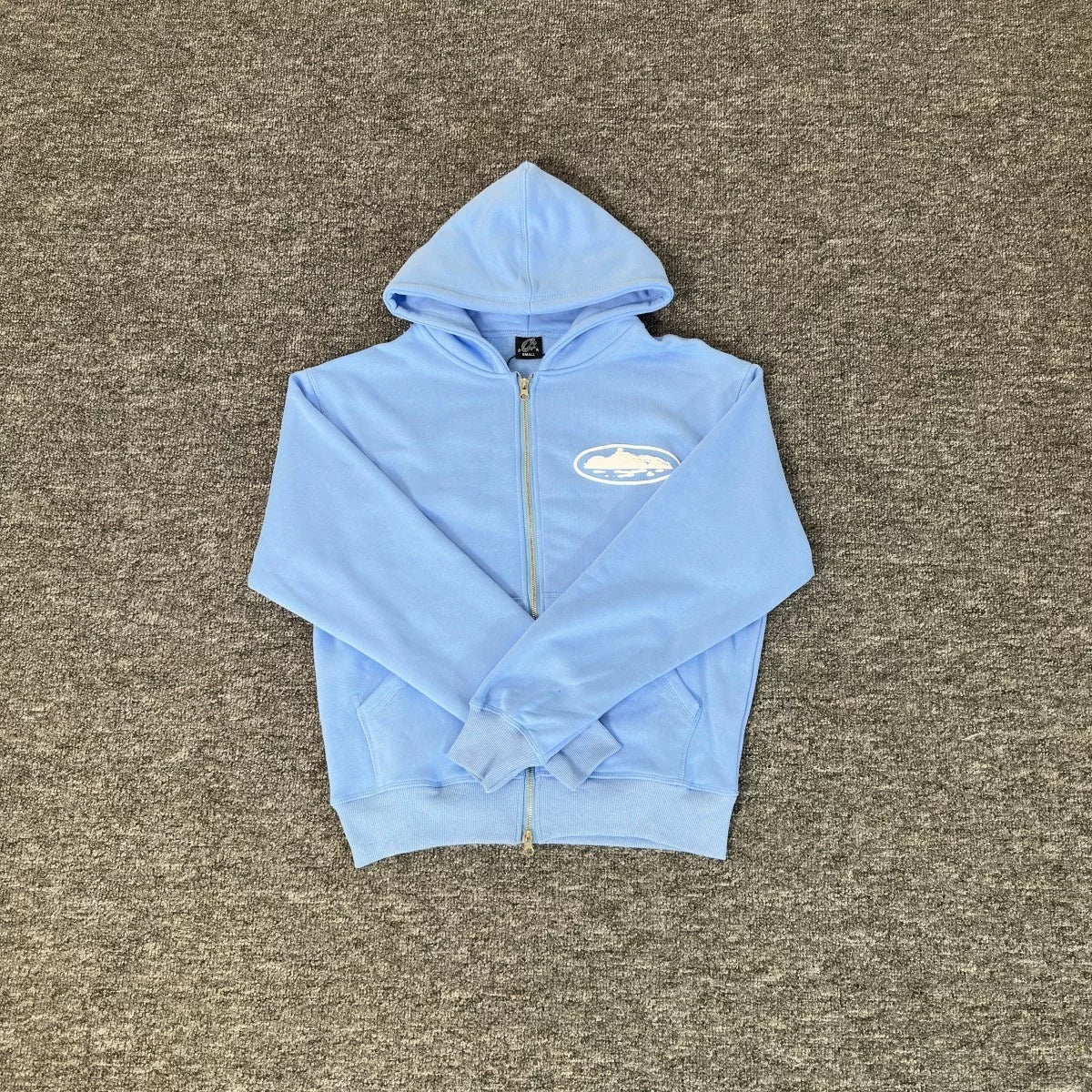 Sky Blue Zip-Up Hoodie | Minimalist Streetwear Hoodie with Embroidered Logo Detail