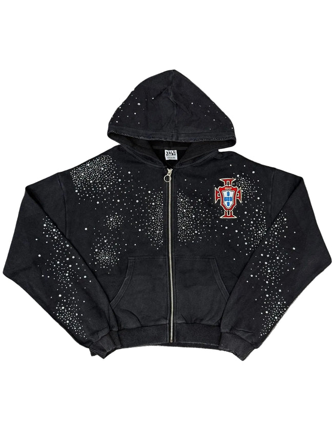 Cross‑Emblem Rhinestone Zip‑Up Cropped Hoodie, Unisex Black Y2K Streetwear Jacket Hover Image