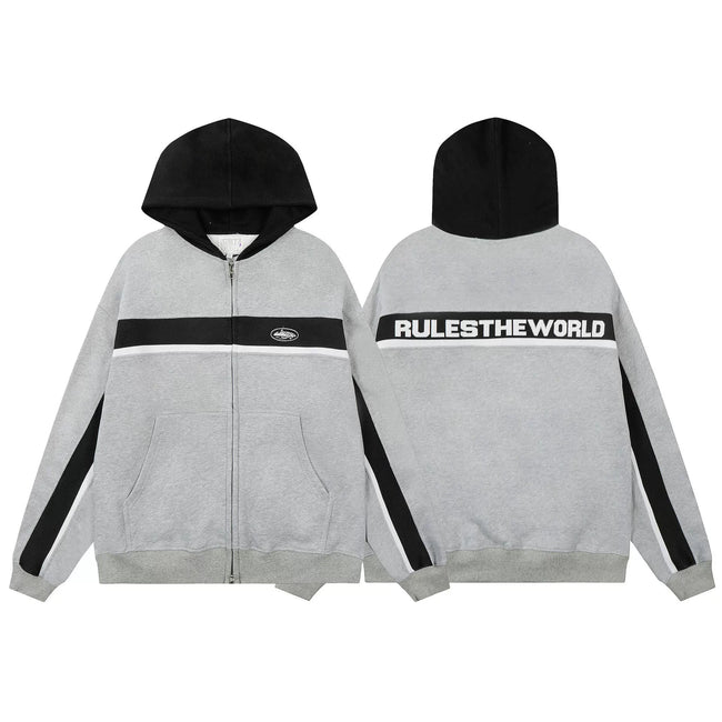 Grey & Black Color Block Zip-Up Hoodie | Streetwear Hoodie with Back Logo Detail Hover Image