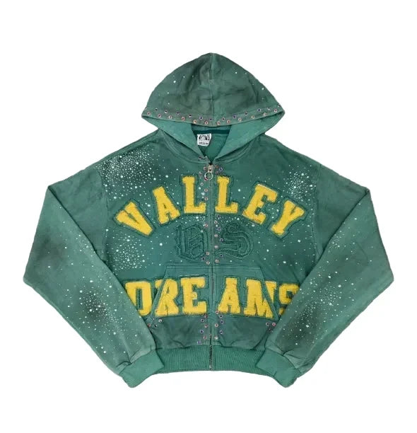 Valley Dreams Rhinestone Zip‑Up Cropped Hoodie, Unisex Green Washed Streetwear Jacket Hover Image