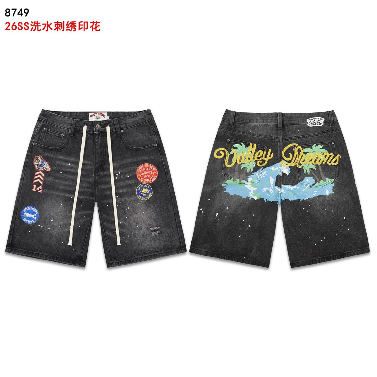 VALEFOREVER Black Washed Denim Shorts with Tropical Palm Tree Print