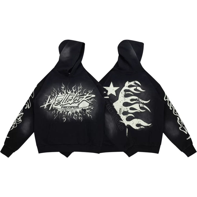 HELLSTAR Black Vintage Flame Star Hoodie Hover Image